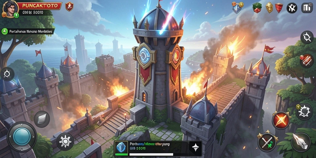 Tampilan gameplay PUNCAKTOTO dengan menara strategis dan musuh yang datang.