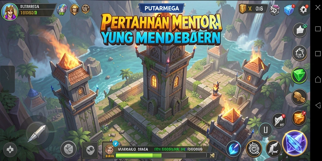 Tampilan gameplay seru PUTARMEGA dengan strategi menara yang menarik.