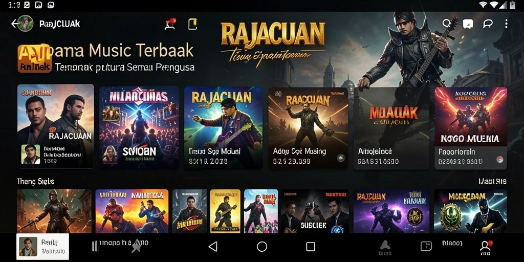 Tangkapan layar RAJACUAN yang menunjukkan antarmuka pengguna yang menarik dan koleksi lagu.